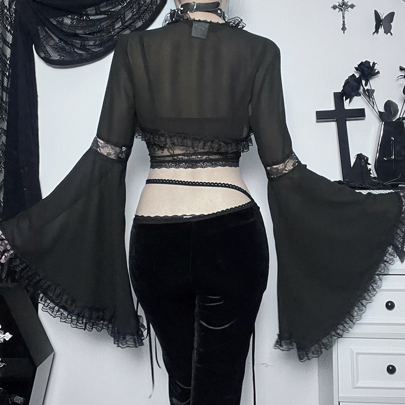 Women's Gothic Tops Dark Lace Lace Flared Sleeve Blouse Tops Street Sexy Slim Gauze Jacket
