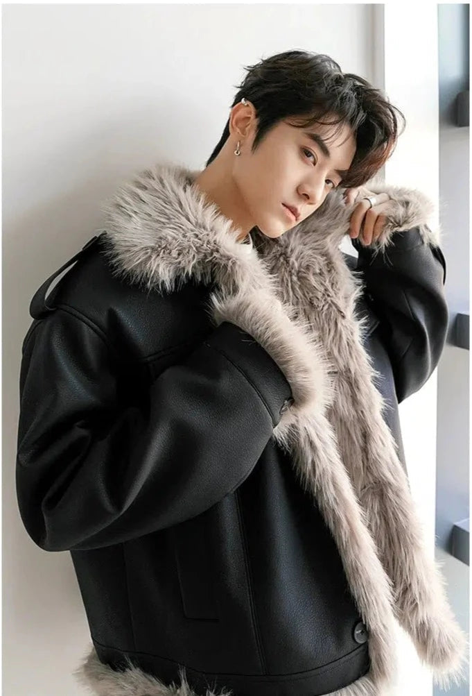 Maxct Unisex Velvet Faux Fur Leather Jacket
