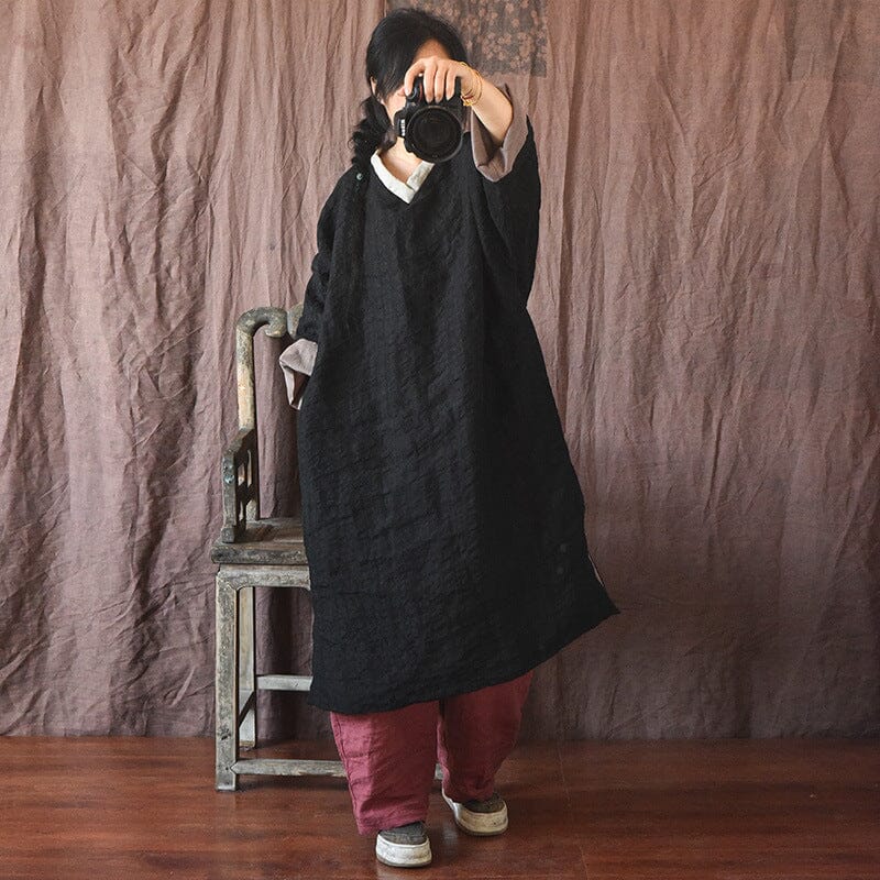 Warm Color Block V-Neck Loose Cotton Linen Casual Dresses