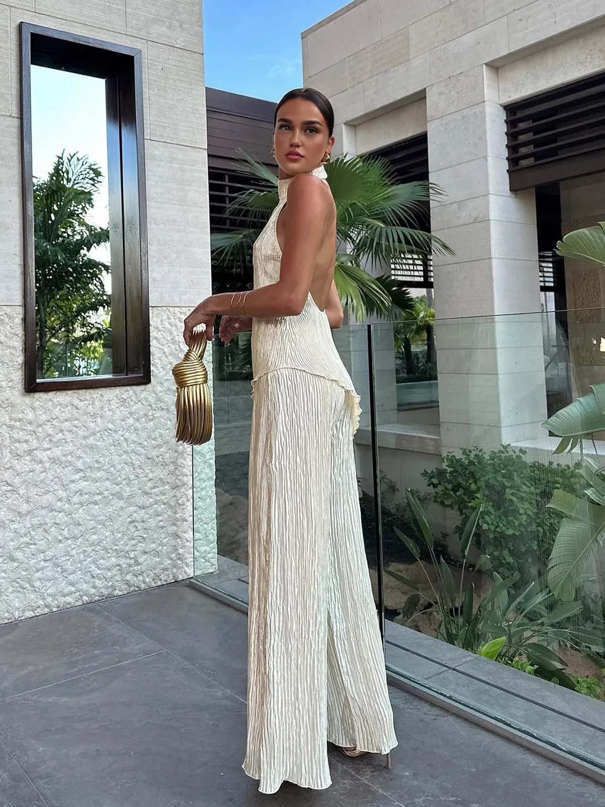 Maxct Asymmetric Halter Crop Top With Wide Leg Pants Set