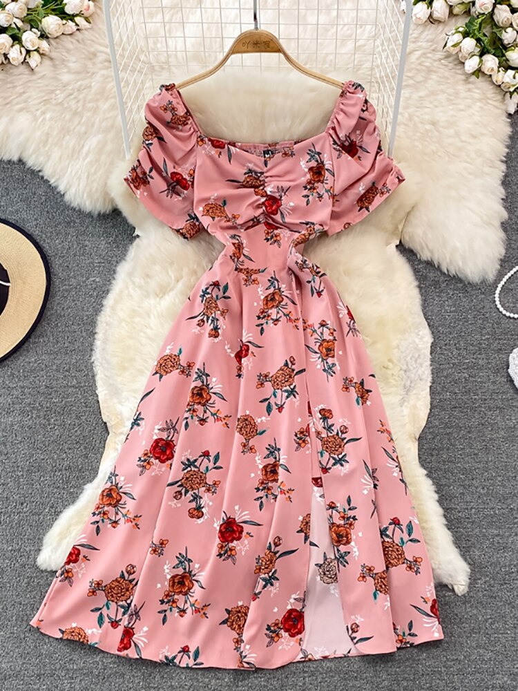 Maxct Vintage Women Printed Dresss Sexy Square Collar Short Puff Sleeve High Waist A-Line Vacation Beach Vestidos Female New