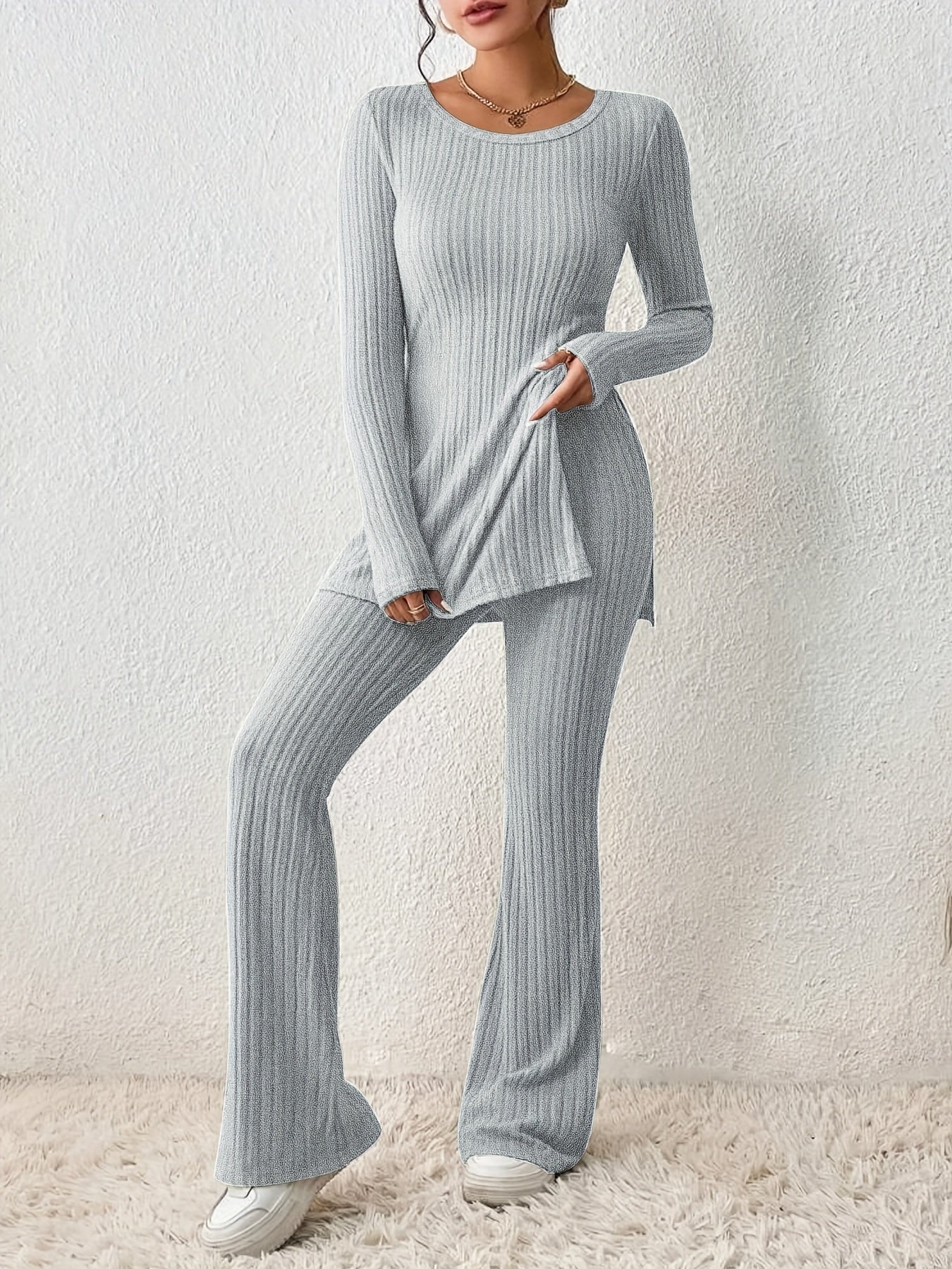 Maxct  Solid Textured Two-piece Set, Long Sleeve Slit Long Length Top & Skinny Pants Outfits, Women's Clothing