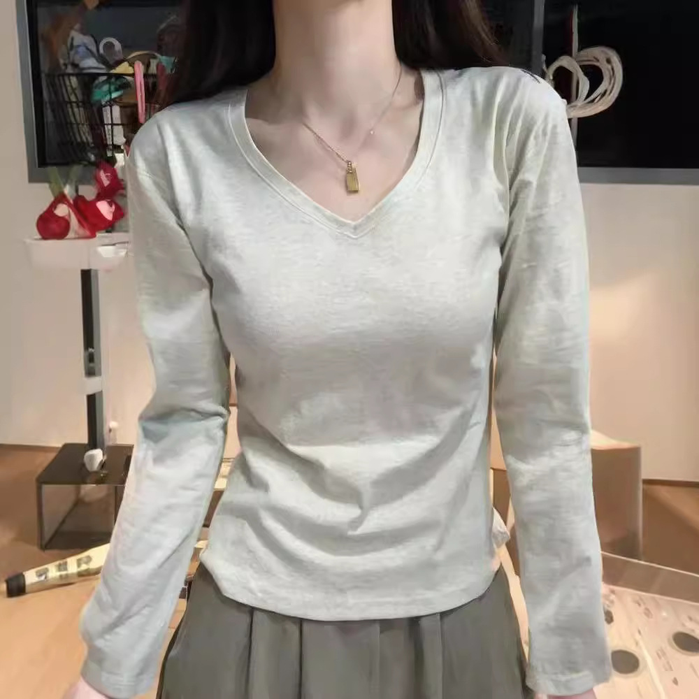 Maxct Shoulder T-Shirt Women's Spring and Autumn Outer Wearing Tight Waist Slim-Fit Pure Cotton Winter Inner Base Shirt New Long Sleeve Top