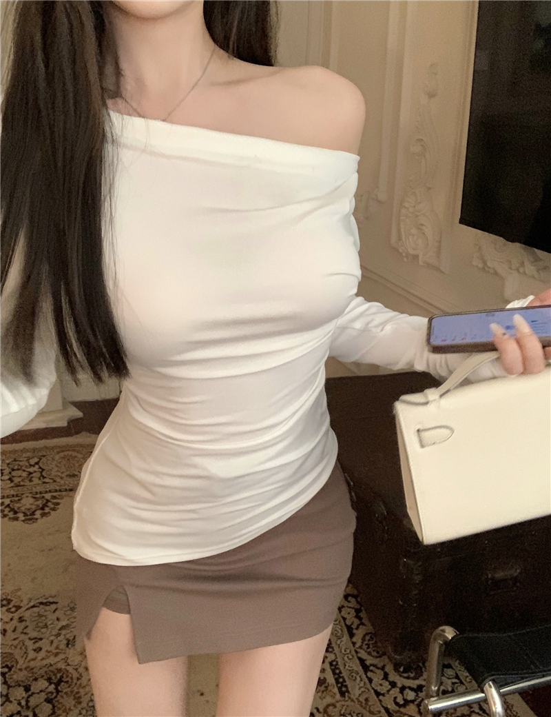 Black Solid Slash Neck Elegant Long Sleeve Tops Fashion Slim Sexy Cropped T Shirt Skinny Women Y2k Clothing Autumn Casual Shirts