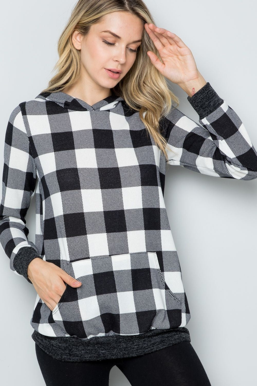 Maxct &Celeste Full Size Contrast Plaid Long Sleeve Hoodie