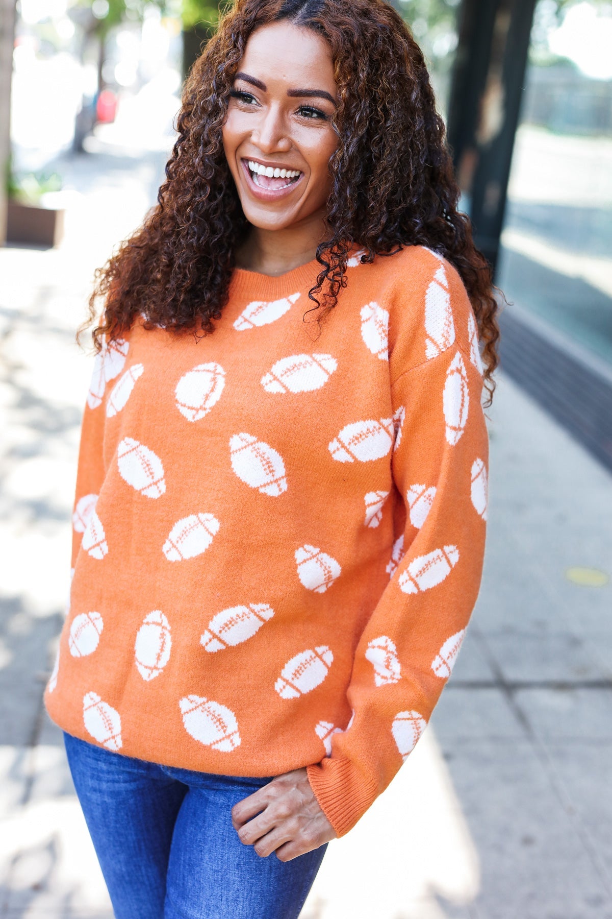 Maxct &Game Day Orange Football Print Jacquard Knit Sweater