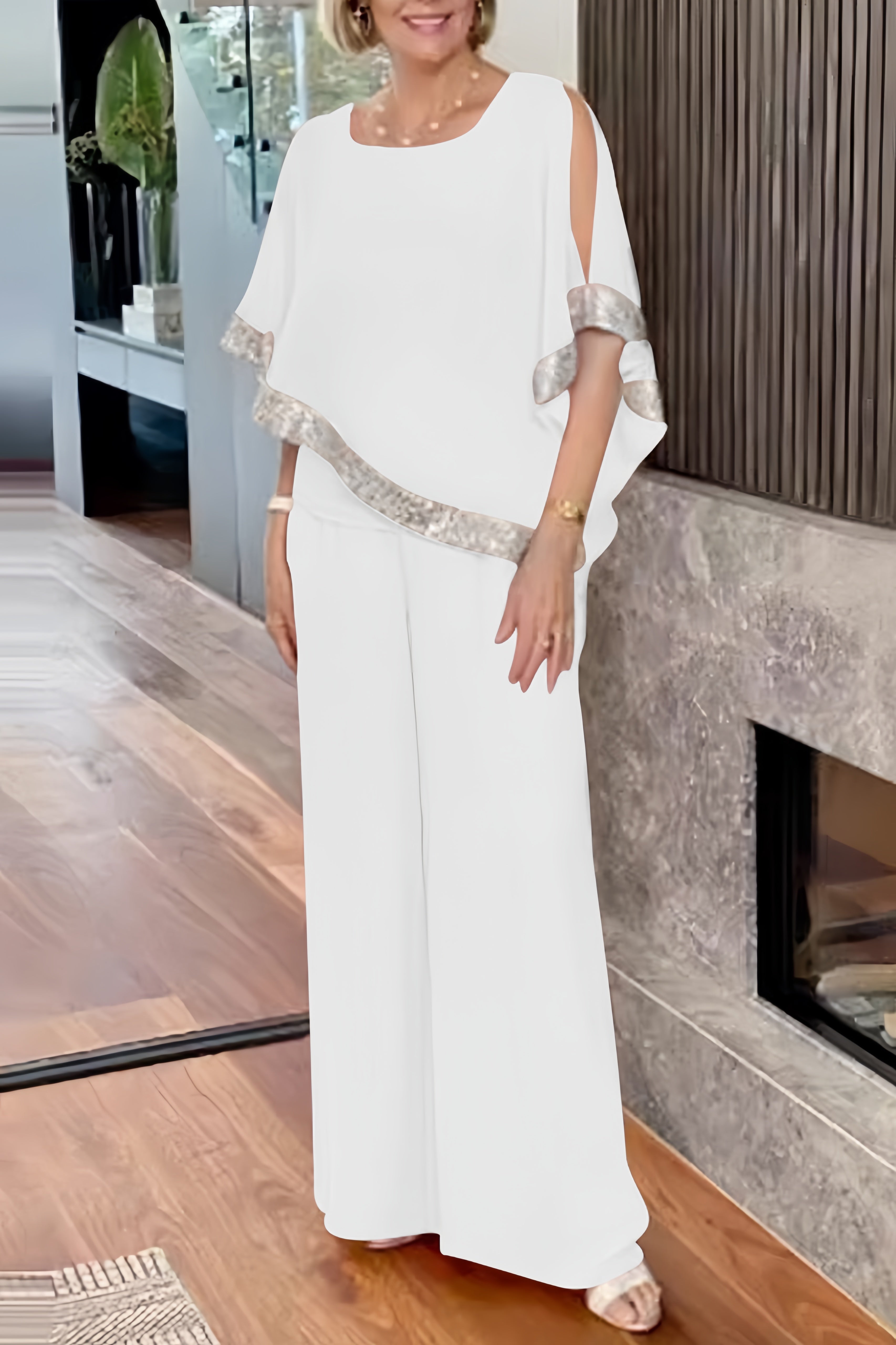 Maxct Sequins Patchwork Slit Bat Sleeve Long Pants Suits