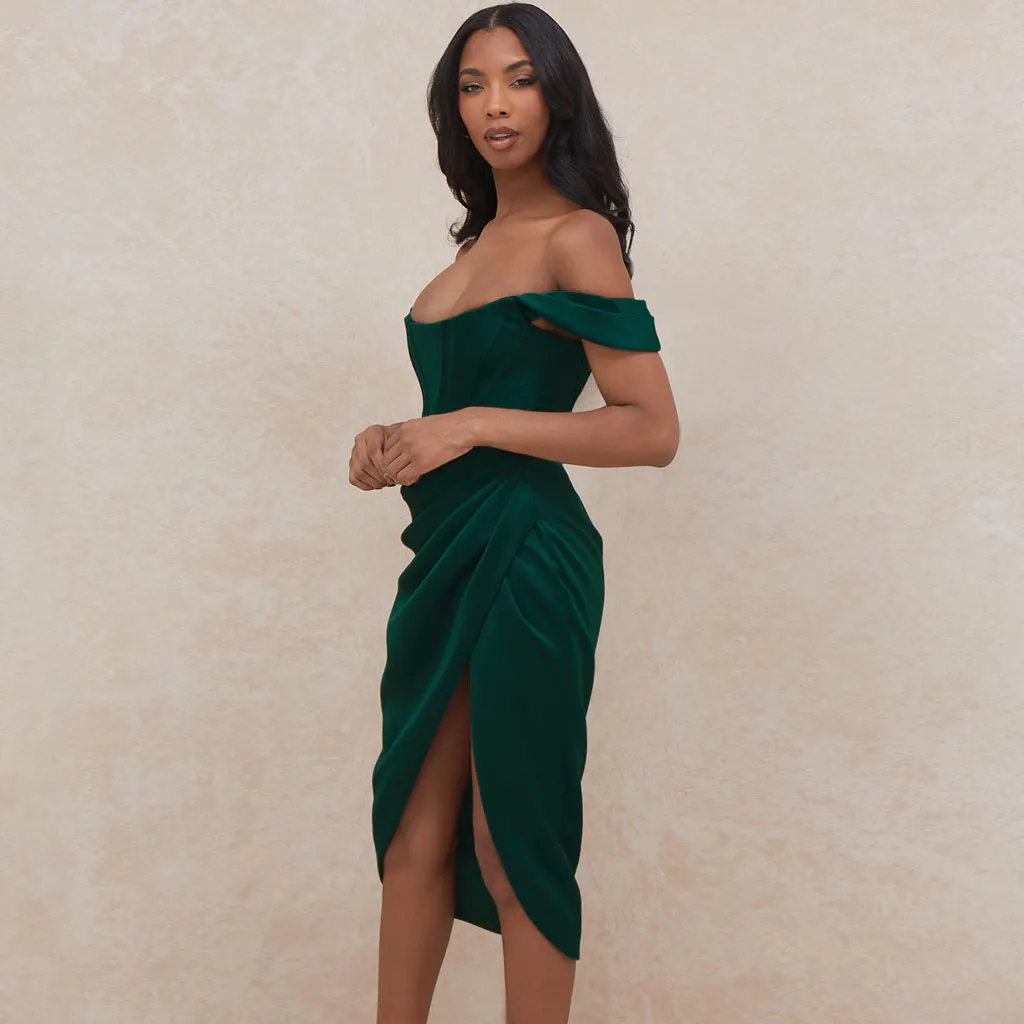 Off Shoulder Draped Corset Cocktail Midi Dress - Emerald Green Maxct