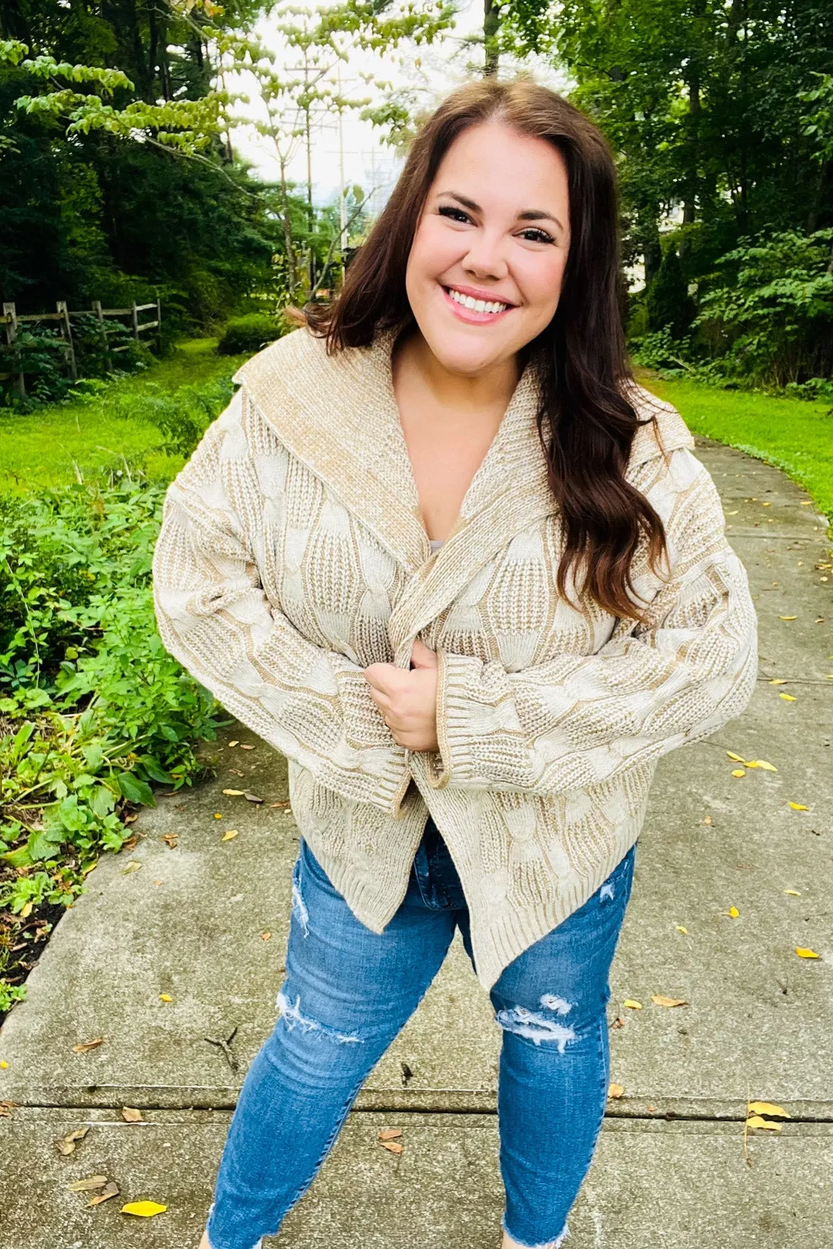 Maxct &Autumn Vibes Taupe Textured Cable Knit Collared Cardigan