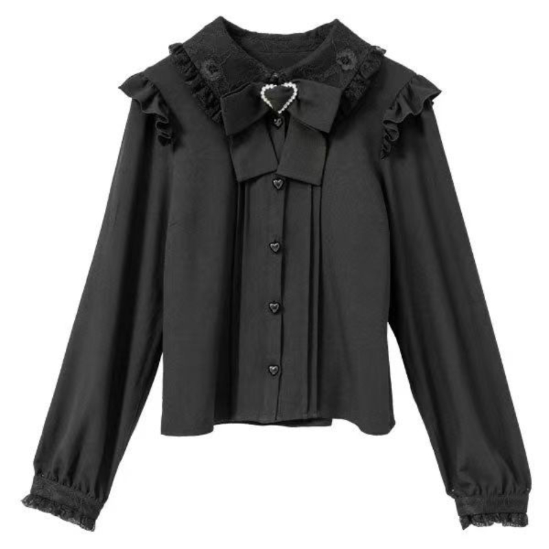 Maxct Kawaii Girl Lolita Long Sleeve Shirt Autumn Y2k Aesthetic Lace Patchwork All Match Blouse Women JK Bow Sweet Cute Tops