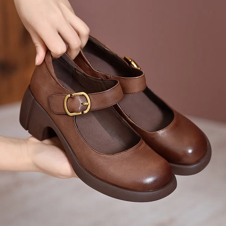 Handmade Pumps Mary Jane Heels Sandalss Round Toe  Retro Velcro Sandals Black/Brown Maxct