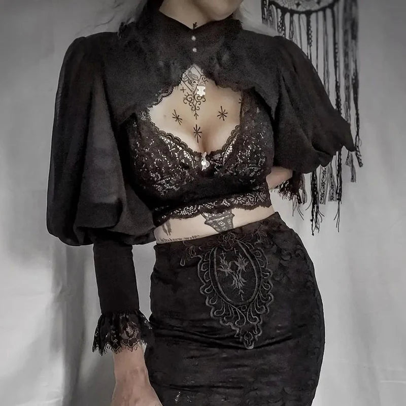 Maxct Women's Gothic Tops Short Blouse Women Featured Lace Wrap Design Dark Court Style High Neck Crop Top