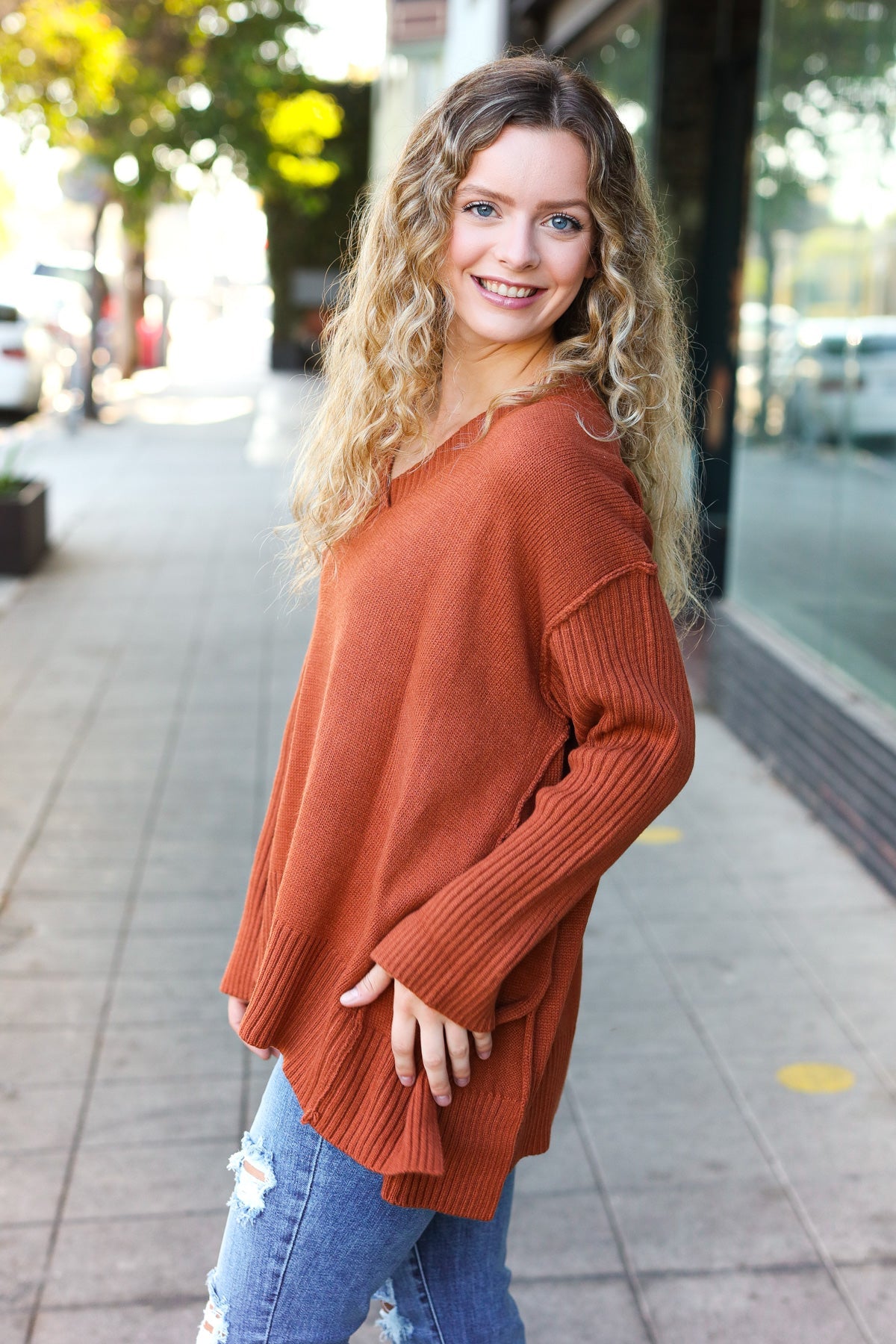 Maxct &Casual Chic Rust Oversized V Neck Rib Knit Sweater