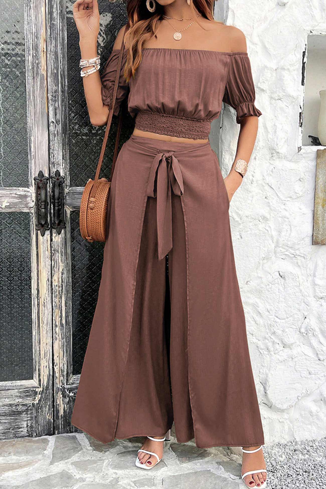 Maxct Off-shoulder Crop Top Tie-up Pants Suits