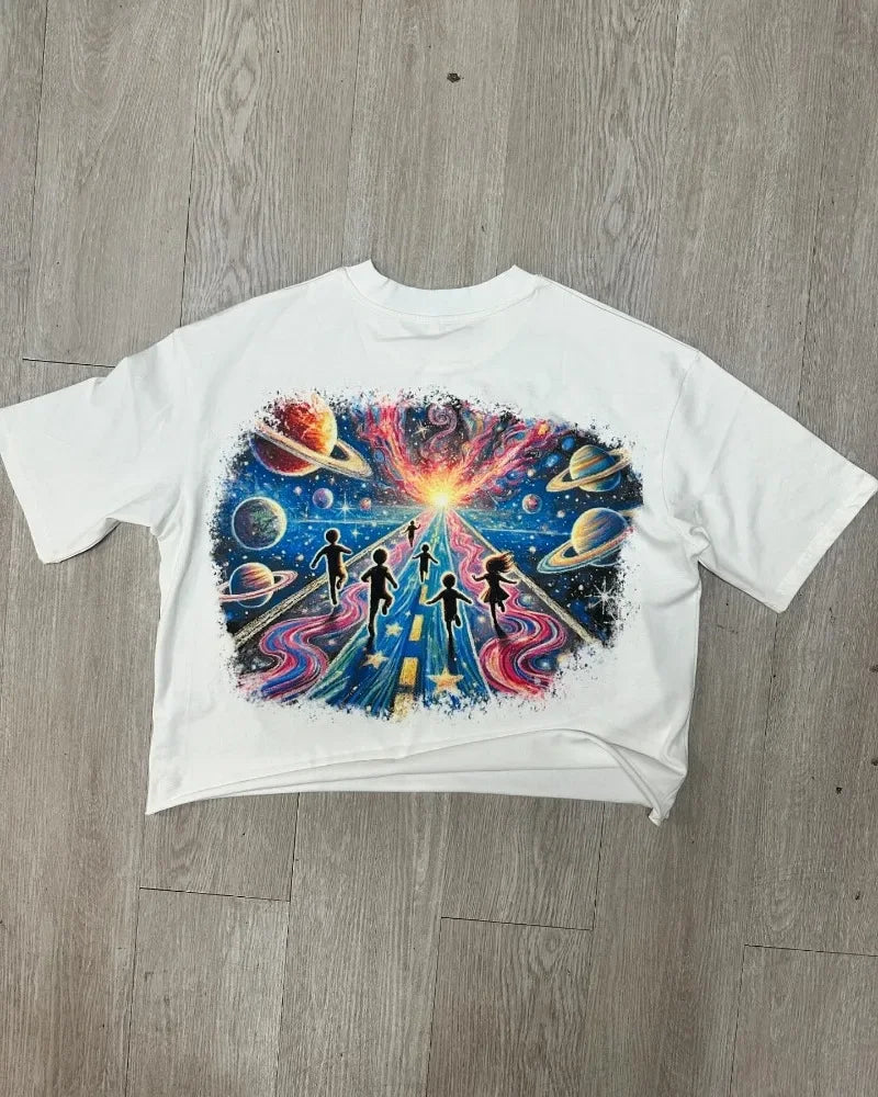 Maxct Four seasons new colorful cartoon pattern printed oversized T-shirt men's Y2k street hip-hop Harajuku loose short-sleeved top