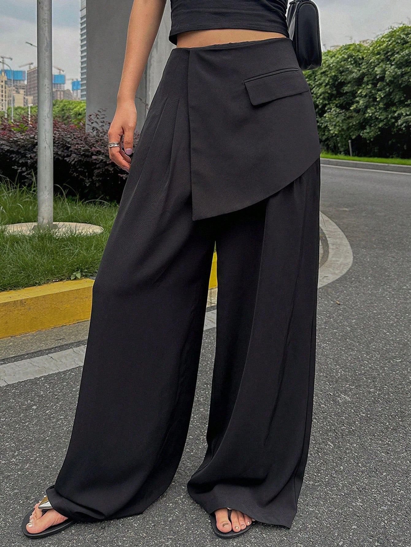 Maxct Solid Color Wide Leg Pants For Women With Loose Fit And Fake Two Piece Design