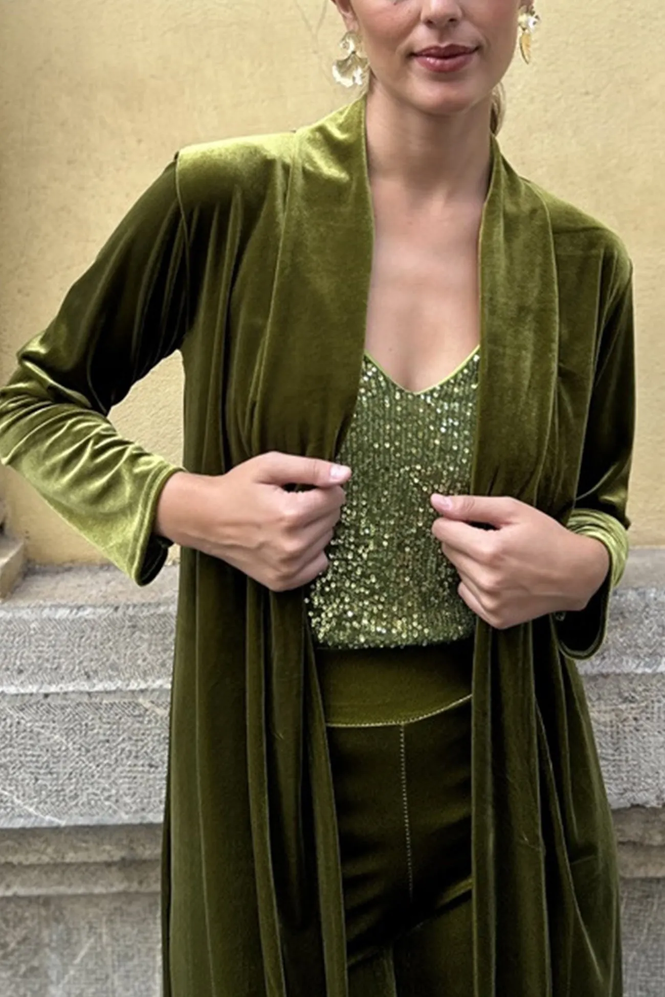 Maxct Velvet Slit Long Cardigan Two-piece Pants Suits
