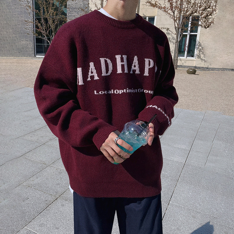 Maxct 5574 Claret Red Knitted Lettered Crewneck Sweater