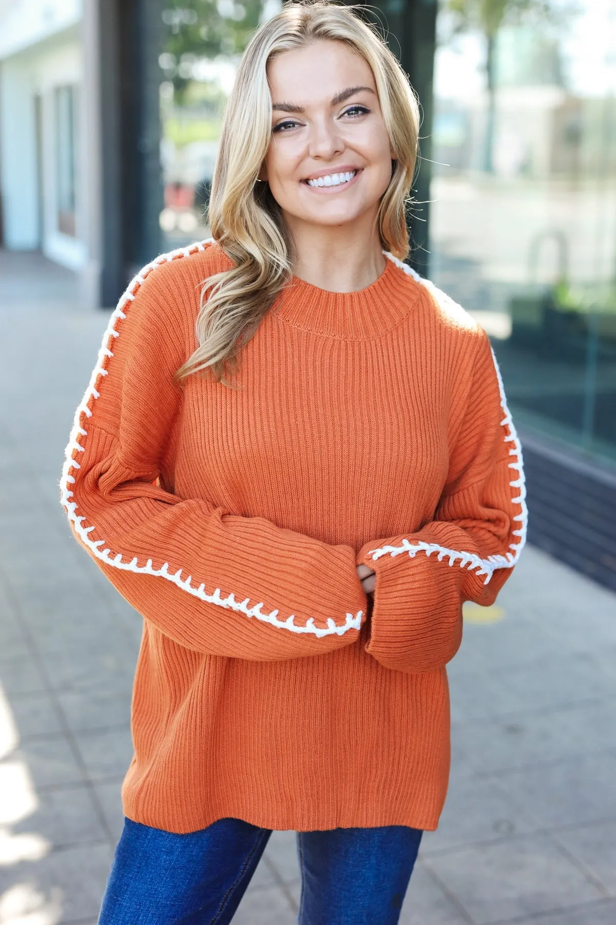 Maxct &Fall Vibes Rust Rib Knit Large Stitch Oversized Sweater