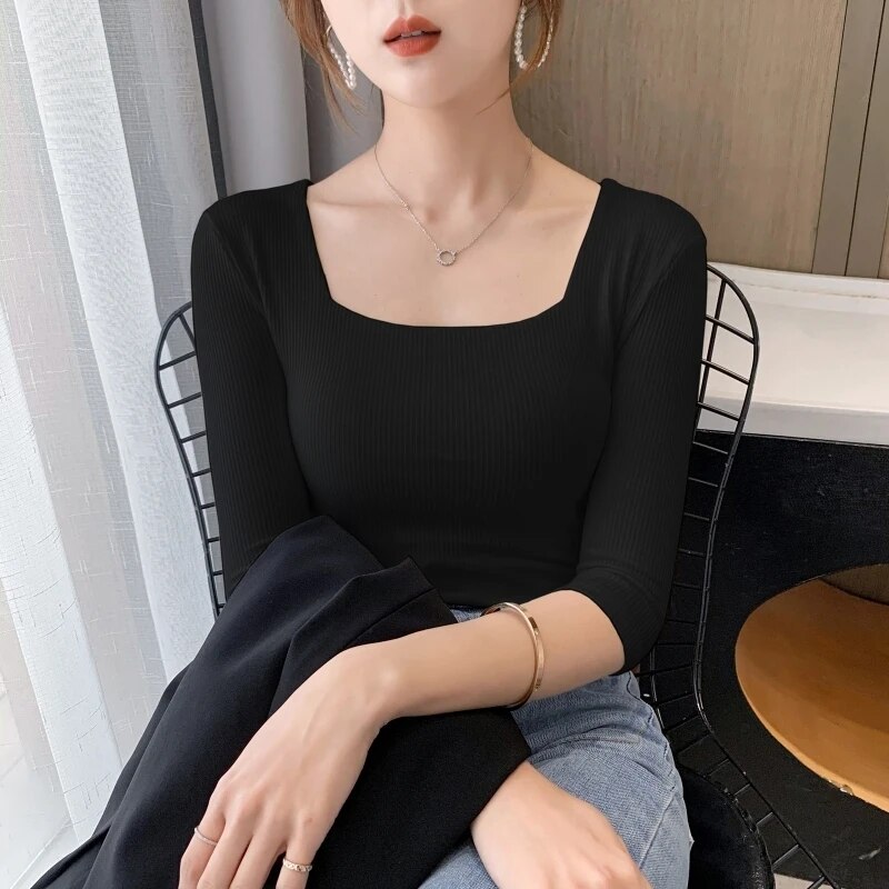 Maxct Sleeve Square Collar Slim Cotton T-shirt Tee Girls Solid Summer Basic High Elasticity Tshirts Crop Tops For Women