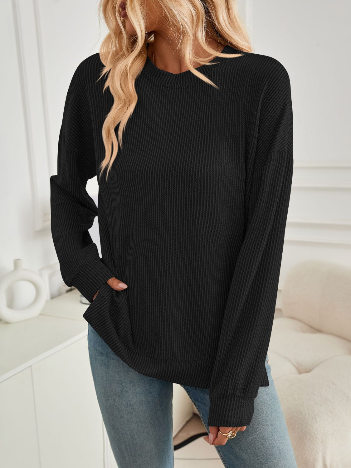 Maxct &Slit Round Neck Long Sleeve Sweatshirt
