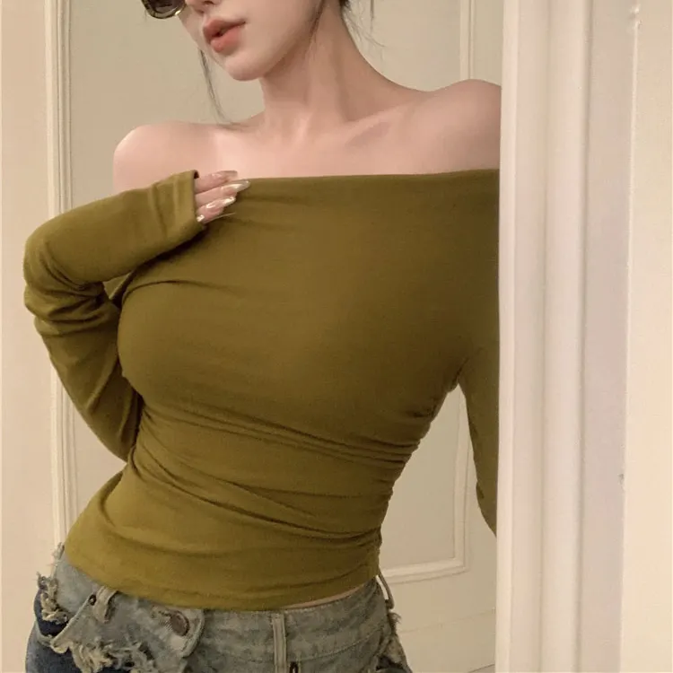 Black Solid Slash Neck Elegant Long Sleeve Tops Fashion Slim Sexy Cropped T Shirt Skinny Women Y2k Clothing Autumn Casual Shirts