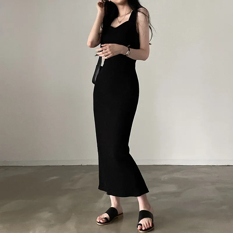 Basic Knit Long Dress Korean Square Collar Sleeveless Dresses Casual Y2k Vintage All-match Outftis