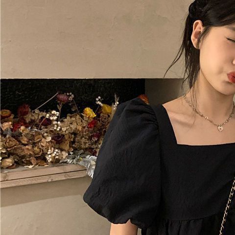 Blouses Women Square Collar Sweet Loose French Style Puff Sleeve Chic Ruffles Simple Ulzzang Solid Fashion Temper Student Summer