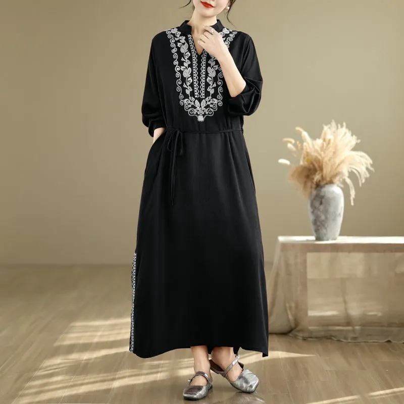 Maxct Women Spring Vintage Ethnic Embroidered Linen Maxi Dress