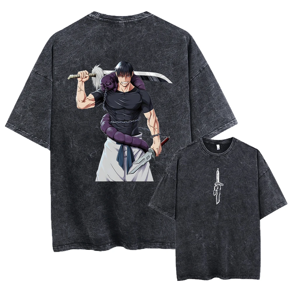 Maxct Men Streetwear Washed Acid Oversized T Shirt Japanese Anime Retro Worn Graphic Print T-Shirt Summer Cotton Short Sleeve Tees