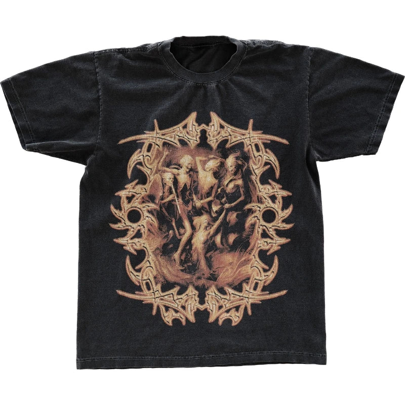 Maxct 90s Streetwear Gothic Streetwear T Shirts Men Harajuku Retro Print Pattern Oversized Tshirt Y2K Punk Skull Demon Graphic Short Sleeved Tops