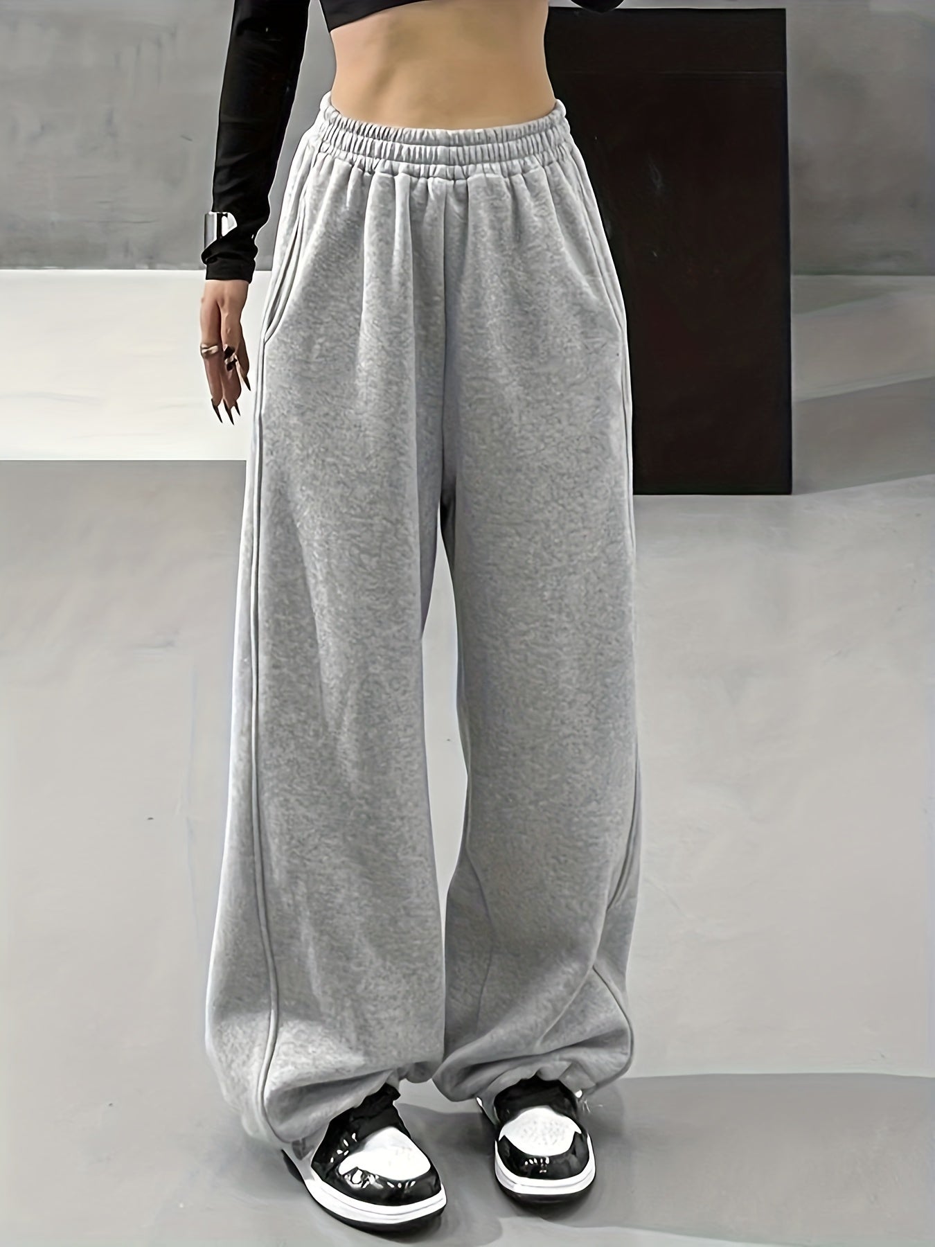 Maxct  Solid Comfy Wide Leg Pants, Casual Elastic Waist Loose Pants With Pocket, Women's Clothing