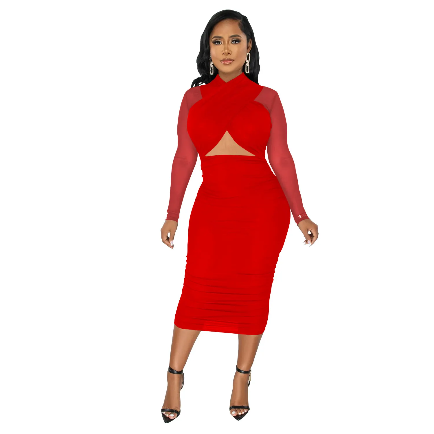 Maxct Maxct Fashion Women's Mesh Long Sleeve Solid Color Wrapped Breast Crop Dress
