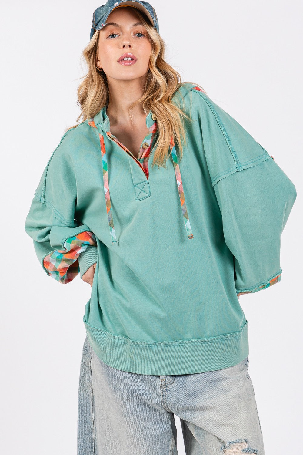 Maxct &SAGE + FIG Full Size Plaid Print Washed Hoodie