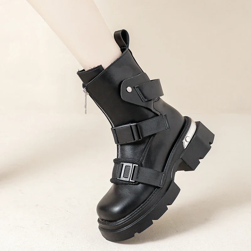 Chunky Platform Ankle Boots Trendy Belt Buckle Accent Maxct
