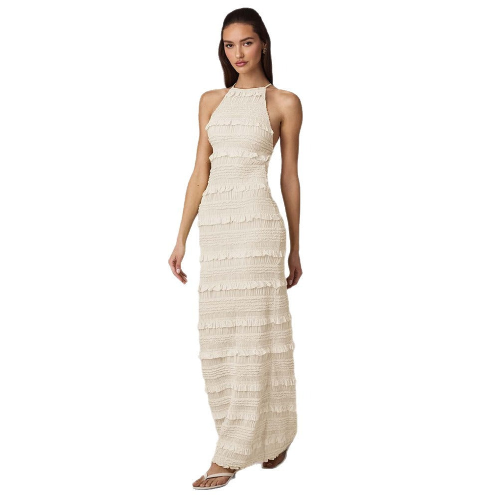 Ruffle Lace Backless Halter Neck Dress Maxct