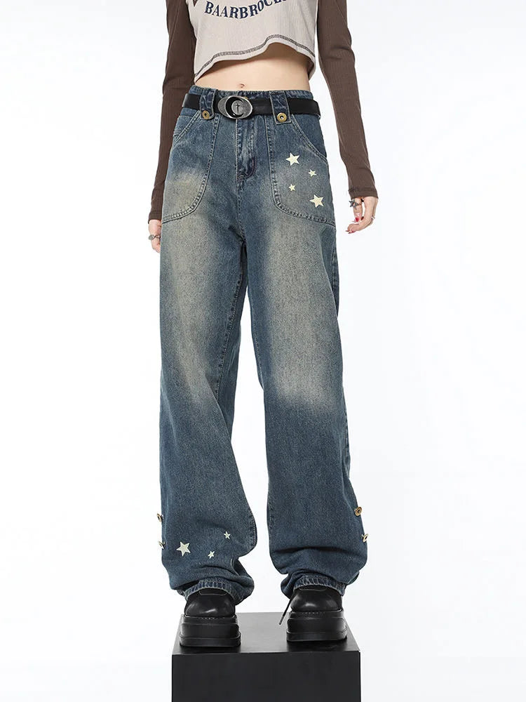 Loose Jeans Five-Point Star Design for Women Maxct