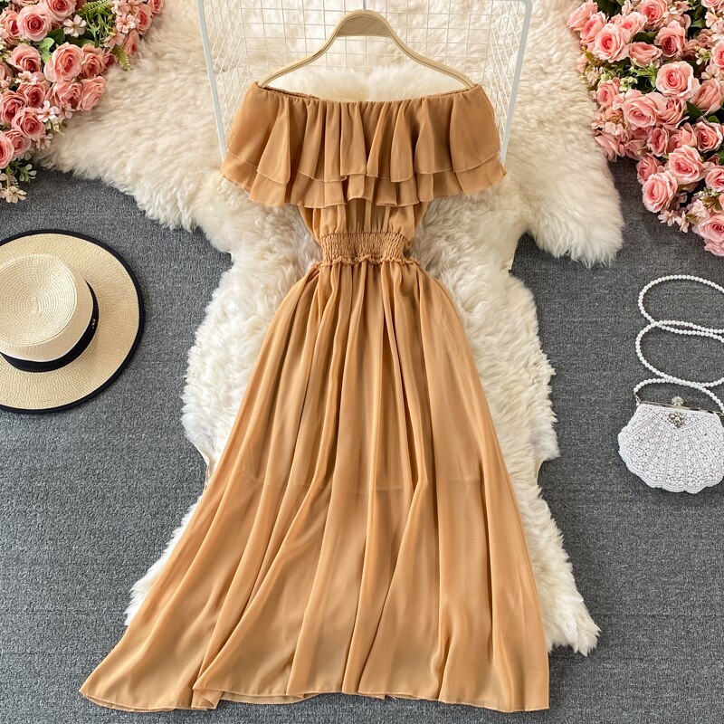 Chiffon Dress Women Sexy Slash Neck Ruffle Robe Elegant Ruffle High Waist Vestidos Female Beach Vacation New