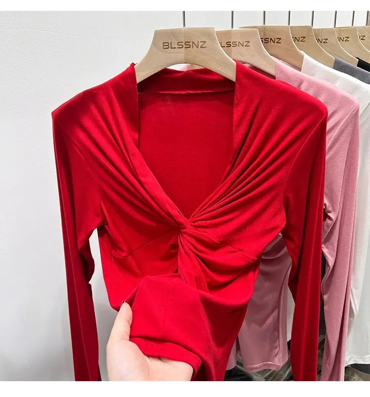 Maxct High Stretchy Tee Women's Full Sleeve Criss-Cross V-neck Tshirt Soft Sheath T-shirts Tops for Female