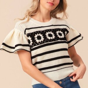 Maxct &BiBi Granny Square Short Sleeve Striped Sweater