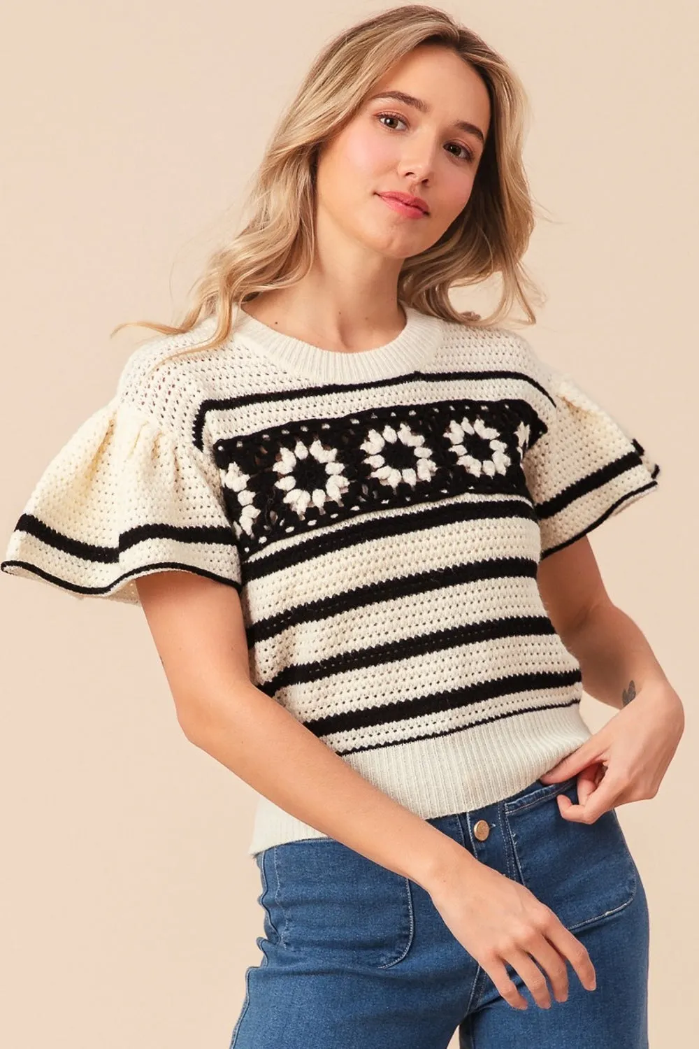 Maxct &BiBi Granny Square Short Sleeve Striped Sweater