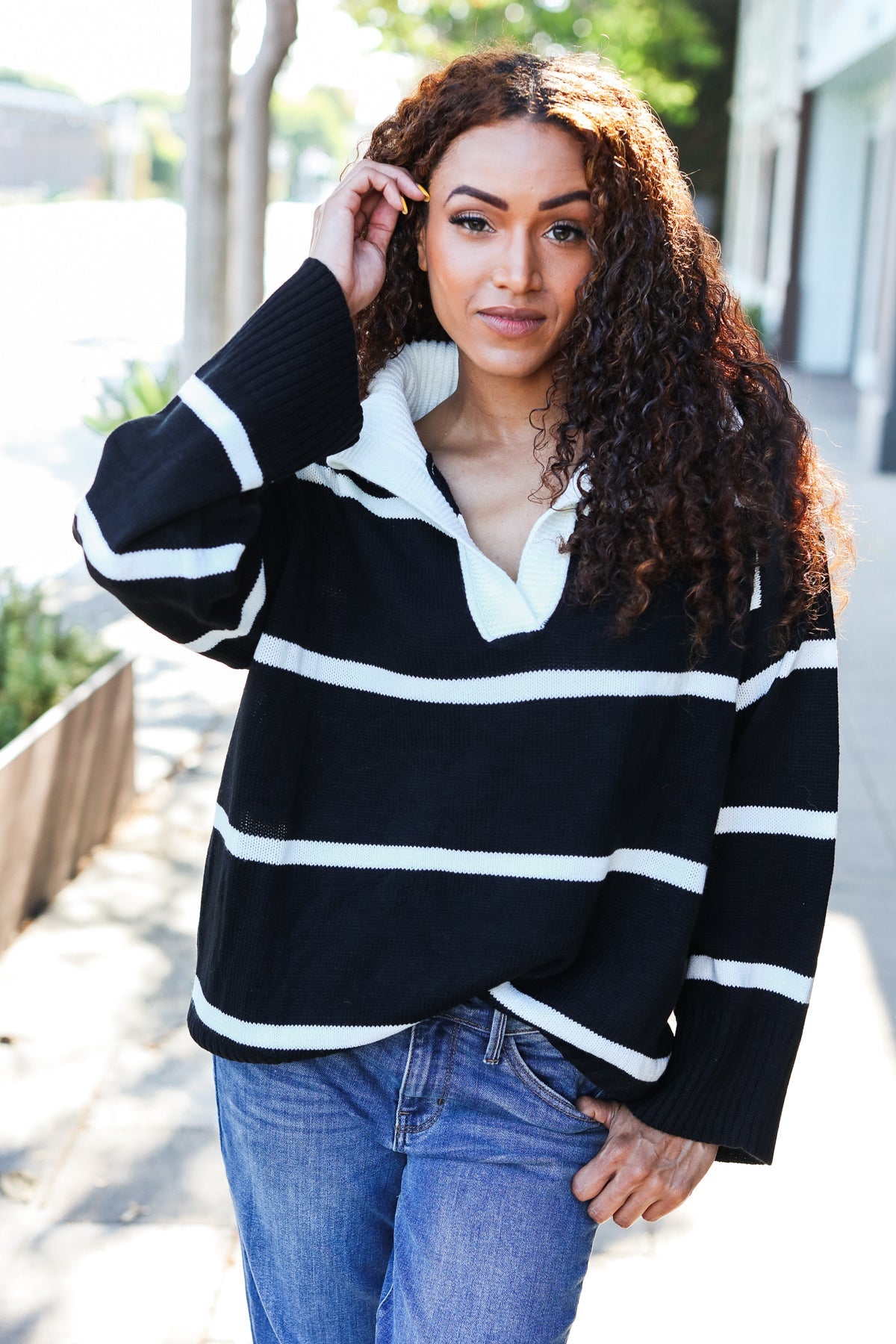 Maxct &Fall For You Black Stripe Notched Neck Collared Oversized Sweater