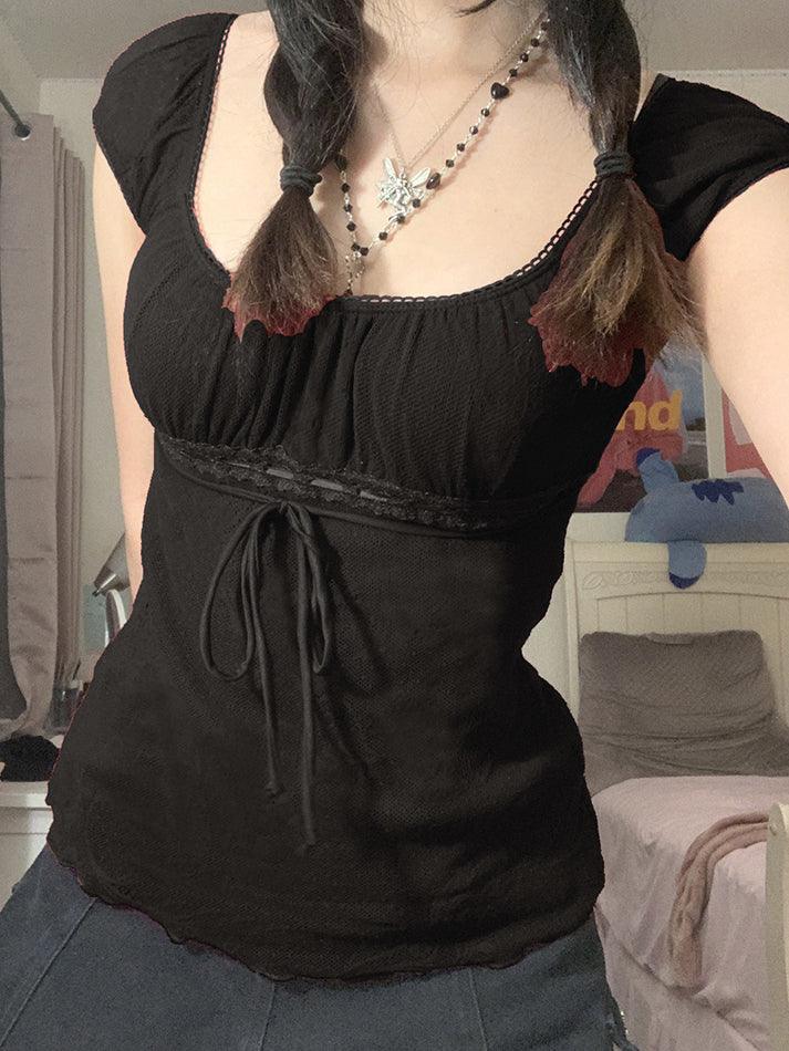 Maxct Vintage Tie Front Lace Trim Blouse