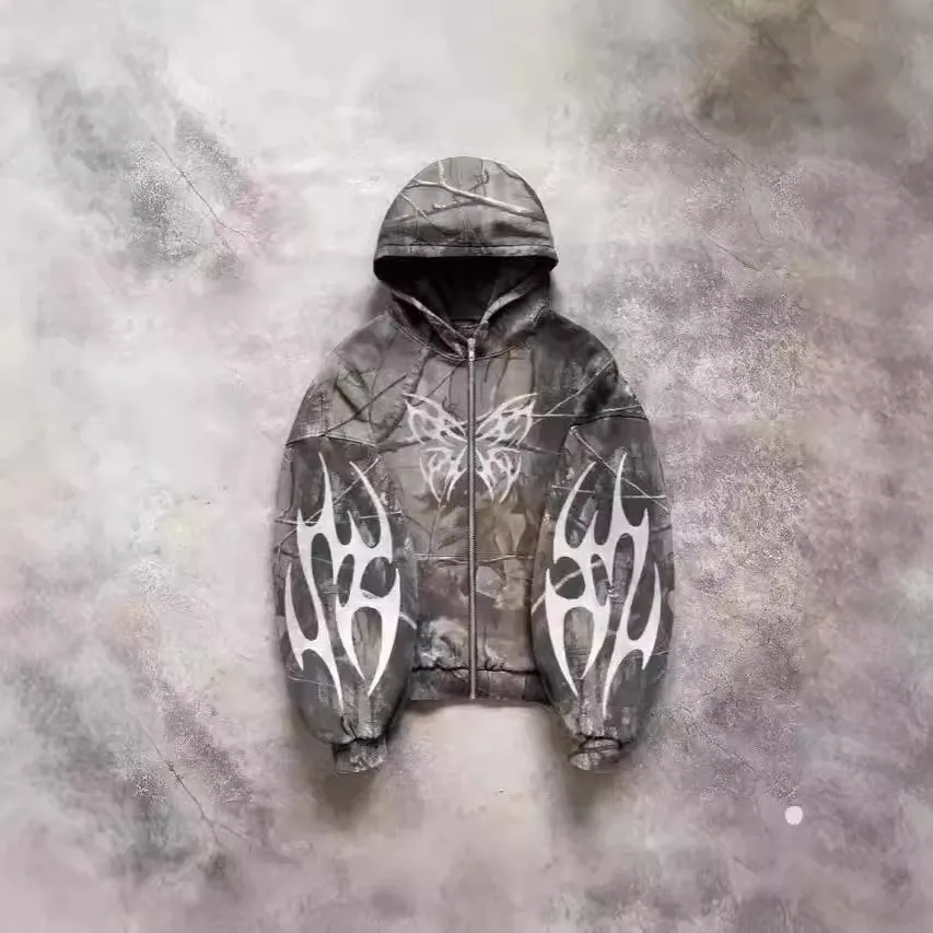 Maxct Camouflage Hooded Coat Sweater Loose New Printed Men's and Women's Pullover Street Fashion Y2K Retro