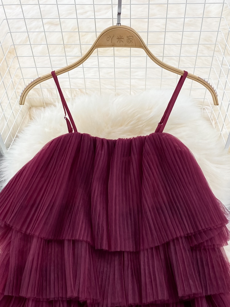 Cascading Ruffle Mesh Spaghetti Strap Mini Dress Women Purple/Green/Pink Sleeveless A-Line Vacation Beach Vestidos Female