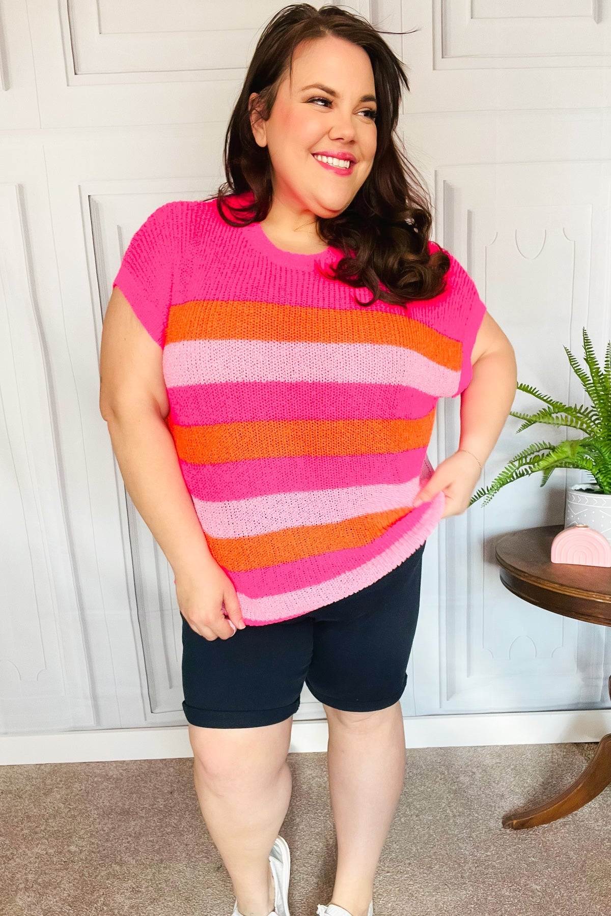 Maxct &Feeling Bold Fuchsia & Orange Stripe Short Sleeve Dolman Sweater