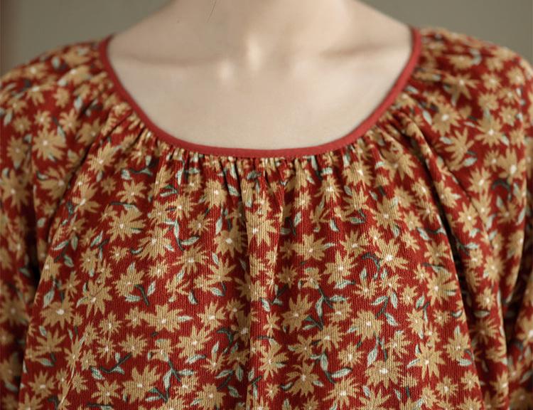 Maxct Women Autumn Retro Loose Cotton Corduroy Printed Dress