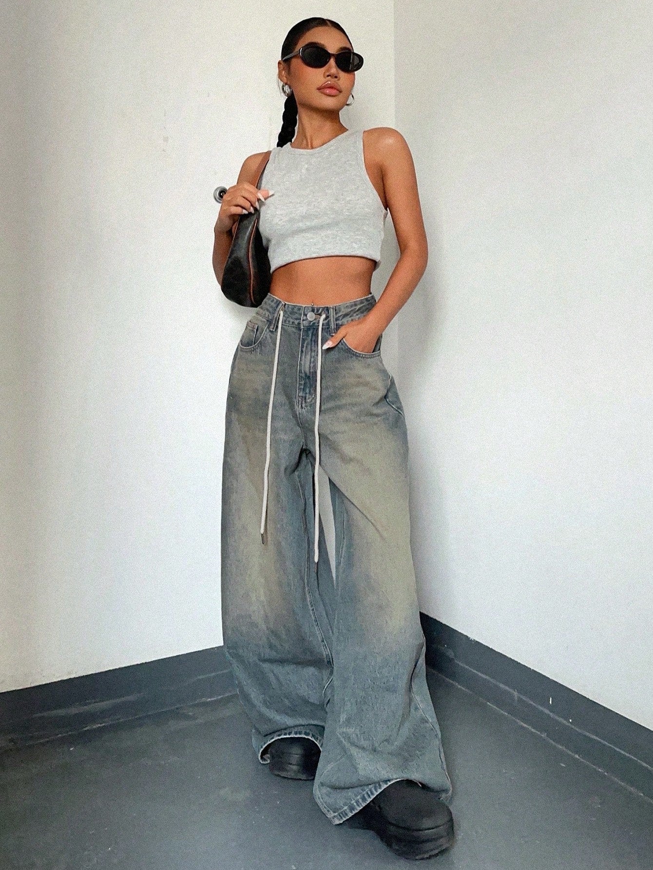 Maxct Women's Drawstring Waist Loose Fit Denim Pants