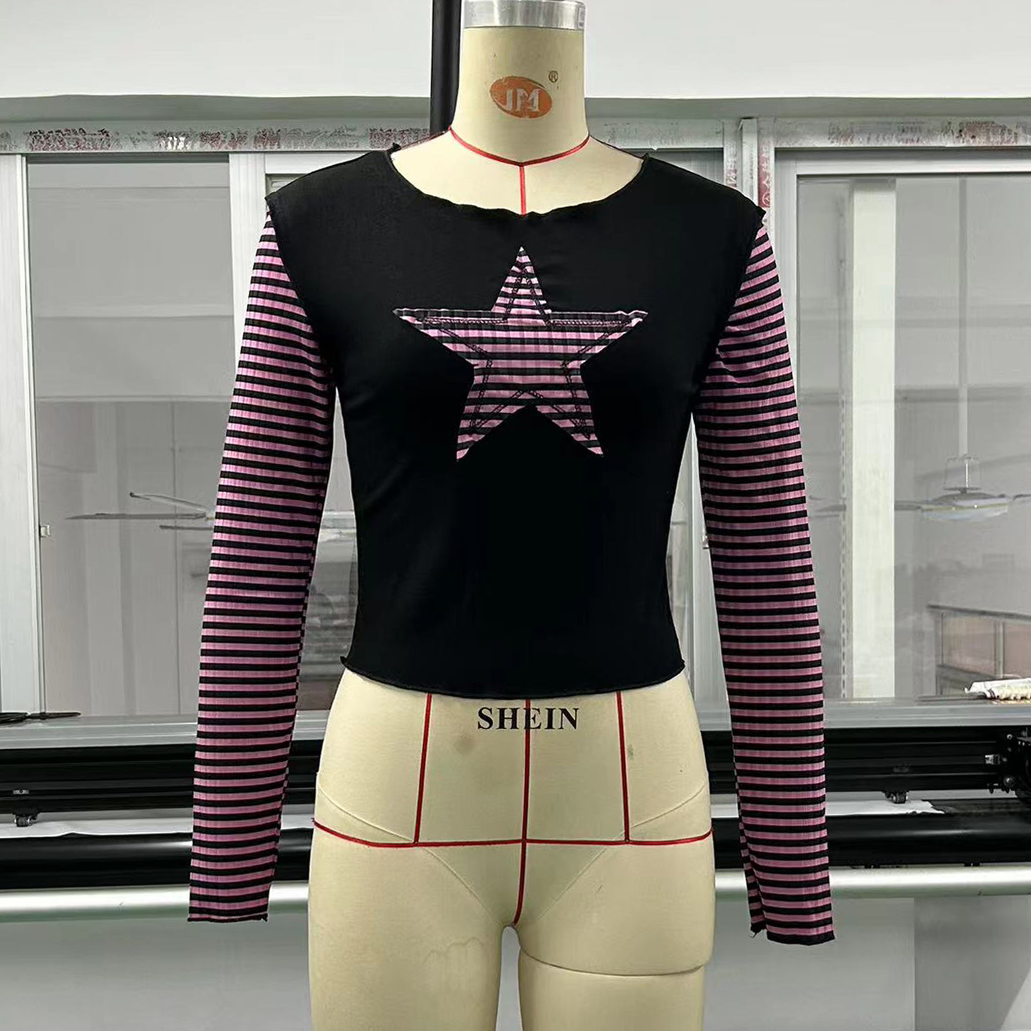 Maxct 90s streetwear Y2K Star Striped Sweet Cool Women's Long Sleeve Striped Stitching T-shirt Five-Pointed Star Embroidered Casual Top 3324