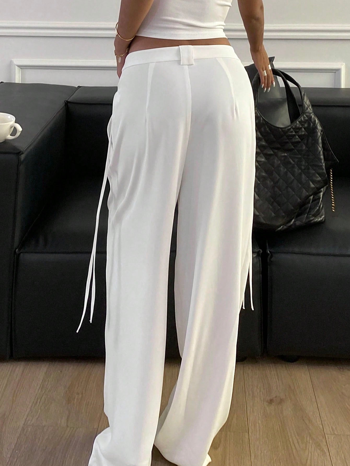 Maxct Solid Color Bow Tie Waist Wide Leg Trousers Women's Suit Pants